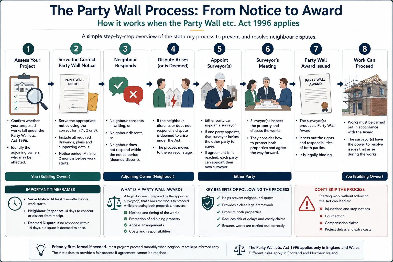 Do I Need a Party Wall Agreement? An infographic showing the party wall process from notice to award in a very interactive way for the citizens living in Croydon, UK