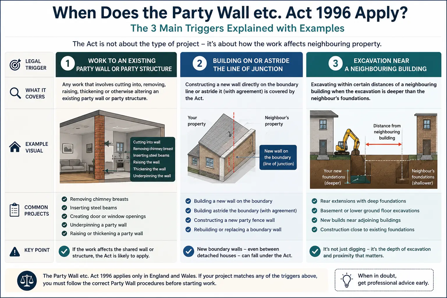 Do I Need a Party Wall Agreement? An infographic showing when does the party wall etc act 1996 apply like excavation, junction, painting, in Croydon, UK
